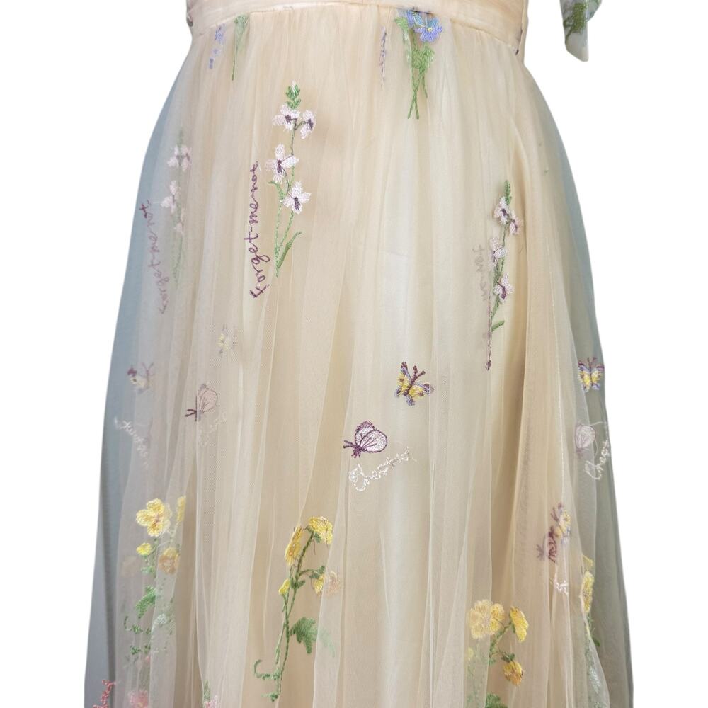 Neutral Cream Tulle Tie Straps Long A Line Flower Embroidered Prom Formal Dress - Picture 9 of 13